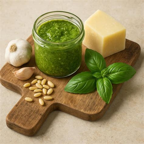 Ingredienti freschi per pesto light: basilico, aglio, pinoli