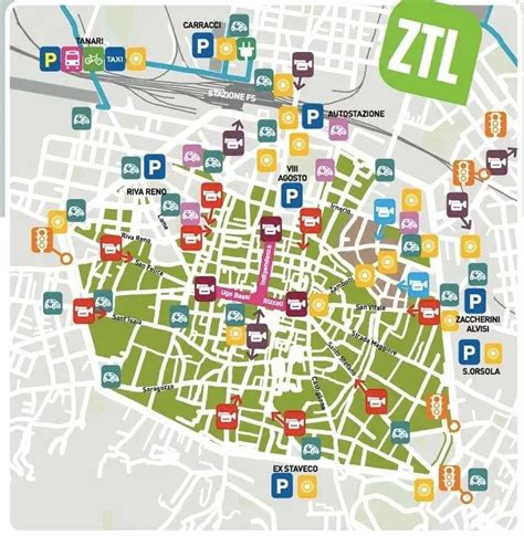 Mappa delle diverse zone ZTL a Bologna (Zona T, Università, San Francesco, Moline-Capo di Lucca, Stadio).