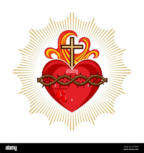Rappresentazione del Sacro Cuore di Gesù con fiamme, corona di spine e croce