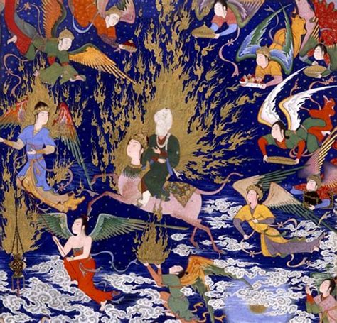 Illustrazione del viaggio notturno di Maometto accompagnato da Jibrīl