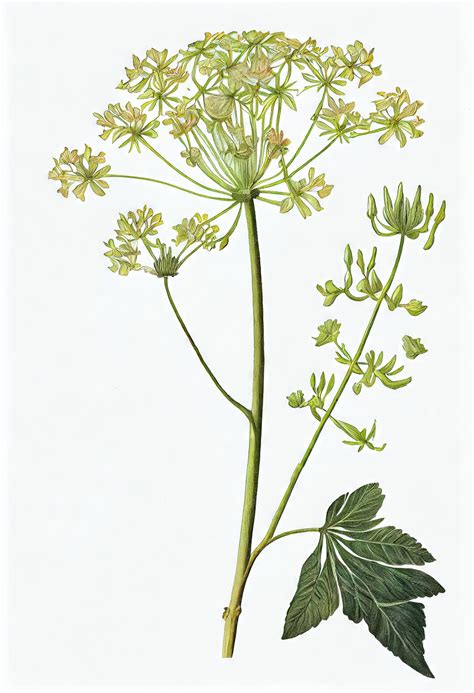 Illustrazione botanica dell'Angelica archangelica con dettaglio delle foglie e delle infiorescenze ad ombrello