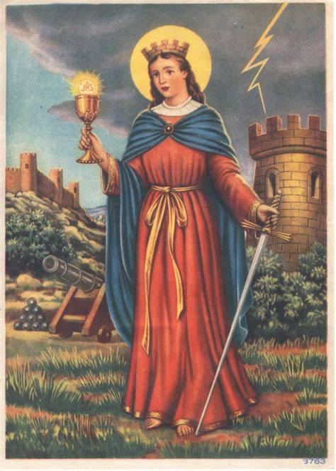 Rappresentazione artistica di Santa Barbara con torre e fulmine
