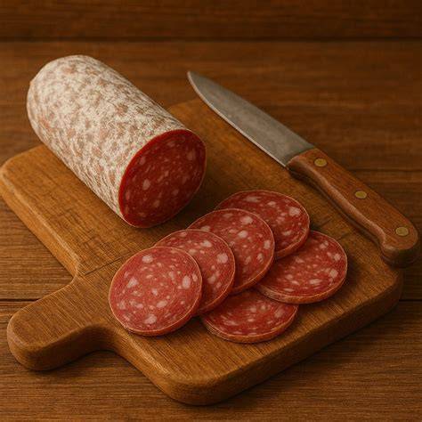 Foto di salame Sant'Angelo I.G.P. in bella mostra, affettato su un tagliere