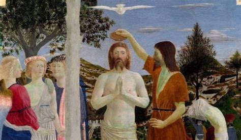 Illustrazione del Battesimo di Gesù nel fiume Giordano, con lo Spirito Santo che scende come una colomba e la voce di Dio dal cielo