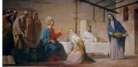 Illustrazione di Santa Marta nel Vangelo, con Maria e Lazzaro
