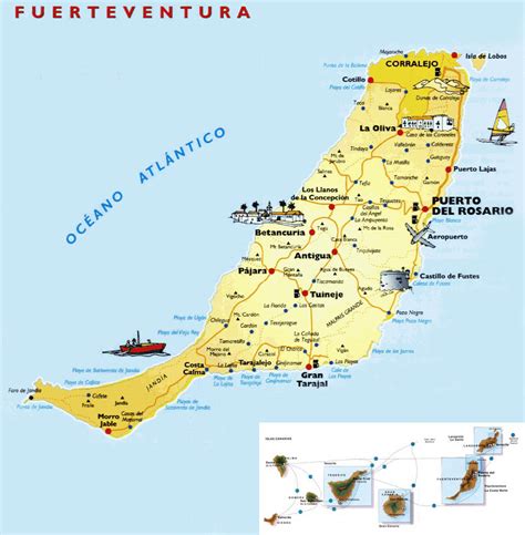 Mappa dell'Aeroporto di Fuerteventura con indicazione della posizione strategica rispetto a Puerto del Rosario e Caleta de Fuste