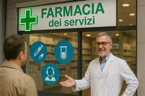Infografica schematica dei servizi offerti dalla farmacia: vendita farmaci, prodotti per la cura personale, prodotti per l'infanzia, erboristeria, consulenza