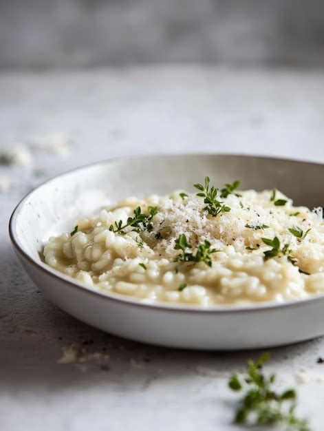 Foto ravvicinata di un risotto cremoso guarnito con foglie di basilico fresco e scorza di limone grattugiata