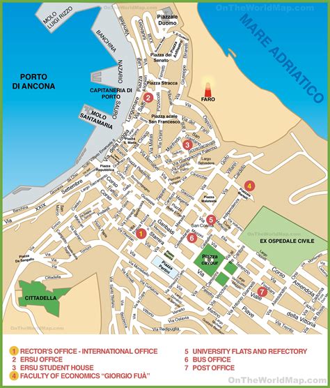 Mappa della città di Ancona con evidenziati i luoghi principali del Congresso Eucaristico