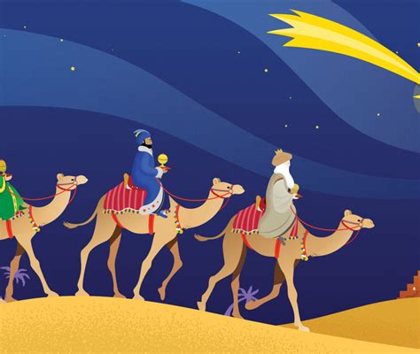 Raffigurazione dei Tre Re Magi con i loro doni e cammelli.