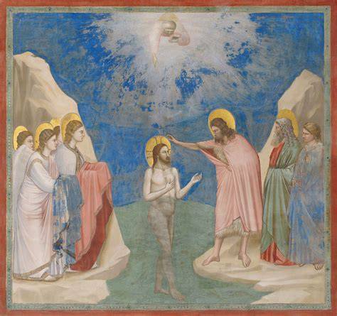 Affresco antico raffigurante il Battesimo di Gesù con Giovanni Battista