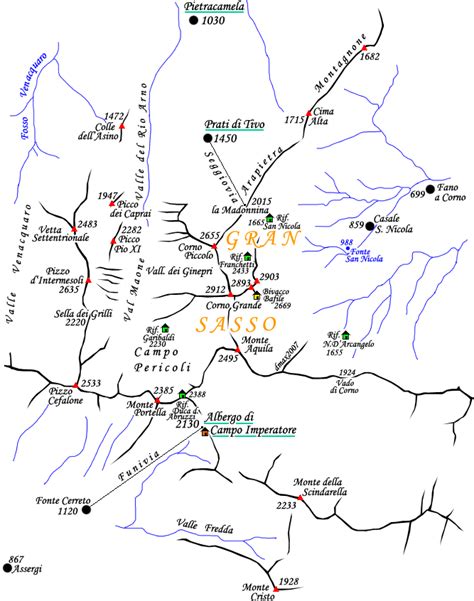 Mappa panoramica del massiccio del Gran Sasso con indicazione dei sentieri verso l'Eremo di San Nicola