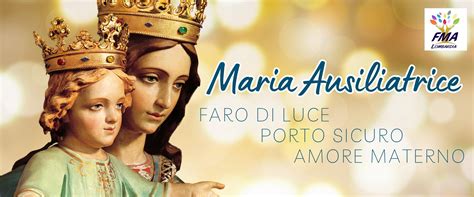 illustrazione di Maria Ausiliatrice con Don Bosco e giovani della Famiglia Salesiana