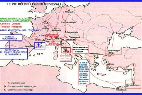 mappa delle rotte dei pellegrinaggi medievali verso Roma e Gerusalemme