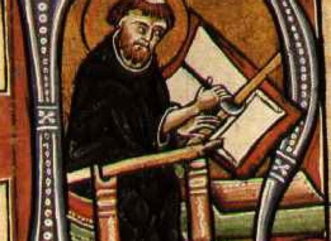 Illustrazione di Dionigi il Piccolo, monaco che calcolò l'era cristiana, al lavoro con manoscritti