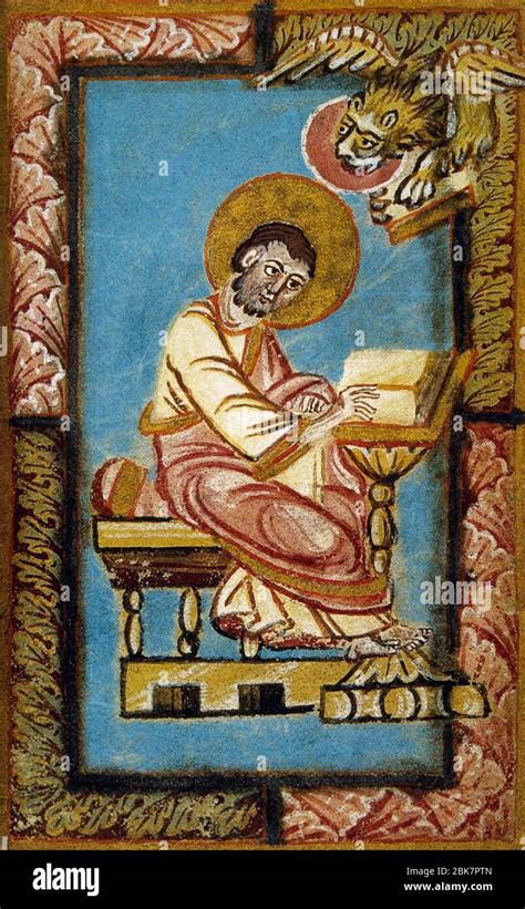 Illustrazione di San Marco che scrive il suo Vangelo, con il leone al suo fianco
