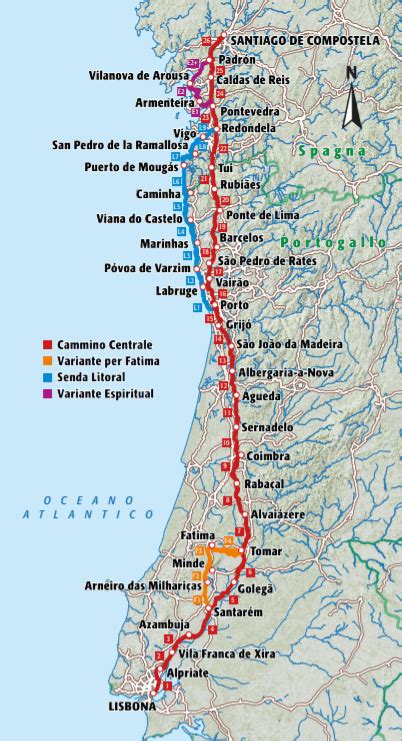 Mappa schematica delle principali varianti del Cammino Portoghese con punti di partenza e convergenza