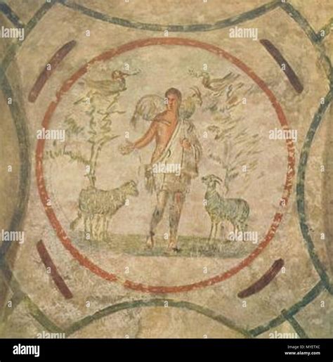 Affresco del III secolo raffigurante il Buon Pastore, catacombe di Priscilla, Roma