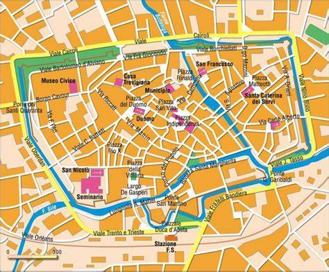 Mappa dell'area di Treviso con evidenziate le località menzionate (San Pelaio, Ponzano, Paderno, Merlengo)
