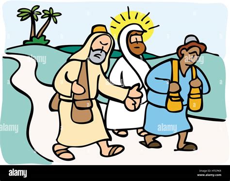 discepoli di Emmaus in cammino con Gesù, illustrazione per bambini