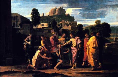 Nicolas Poussin, Gesù guarisce il cieco di Gerico, 1650. Il dipinto raffigura la scena con l'uomo in giallo che cerca di zittire il cieco e Gesù che scruta Bartimèo.