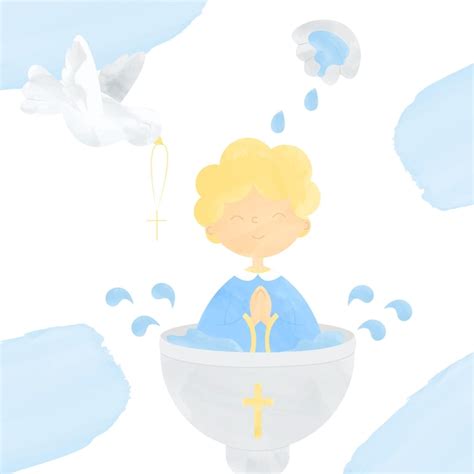 Illustrazione di un sacerdote che versa acqua sulla testa di un neonato durante il battesimo