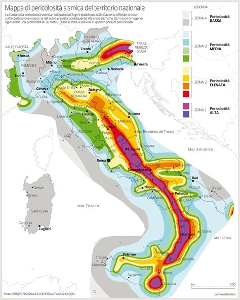 Mappa dell'Italia con evidenziate le aree colpite da terremoti