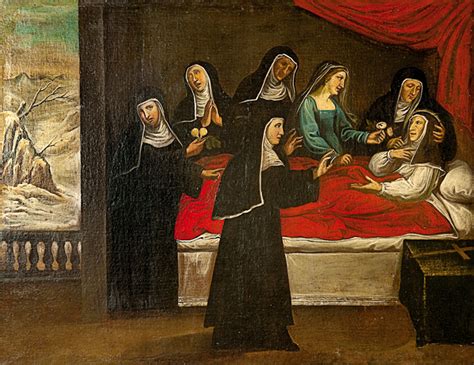 Illustrazione del miracolo della rosa e dei fichi, con Santa Rita a letto
