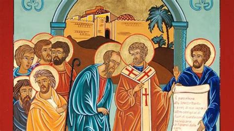 Illustrazione della prima comunità cristiana a Gerusalemme, con figure di apostoli come Pietro e Paolo in primo piano.