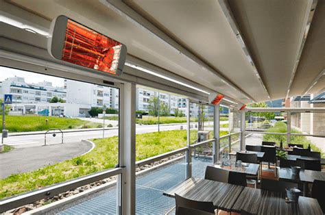 Foto panoramica dei riscaldatori Heliosa in un contesto di design outdoor (patio o veranda)