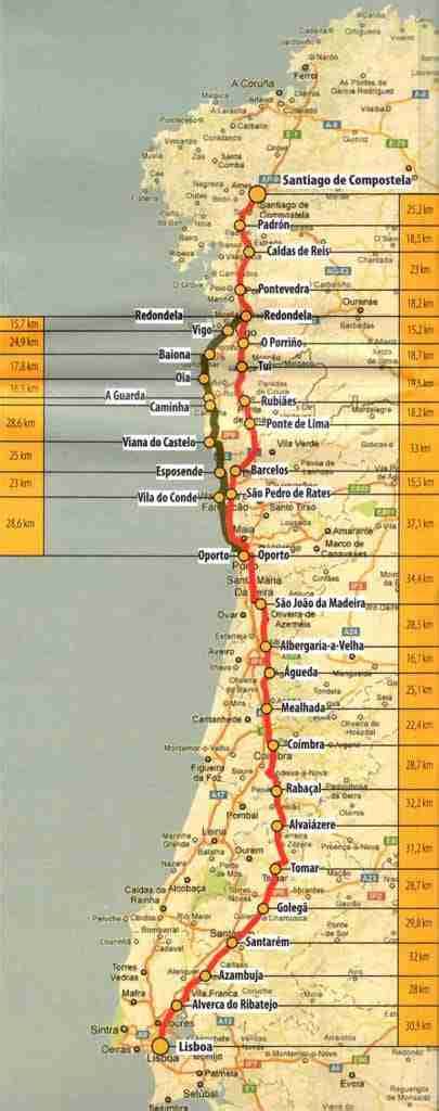 Mappa schematica del Cammino Portoghese con i percorsi principali da Lisbona, Porto e Tui