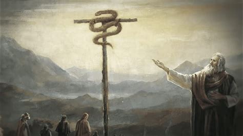 Illustrazione biblica che raffigura Mosè nell'atto di innalzare il serpente di bronzo sopra un'asta nel deserto.