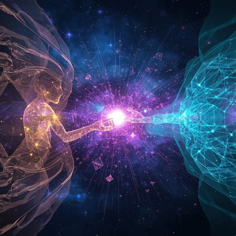 Illustrazione astratta che rappresenta la connessione tra mente umana, universo e energia
