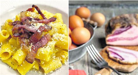 Ingredienti freschi per la Carbonara: guanciale, uova, pecorino romano e rigatoni