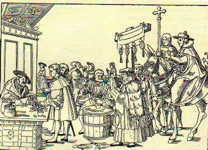 Illustrazione storica della vendita di indulgenze in piazza