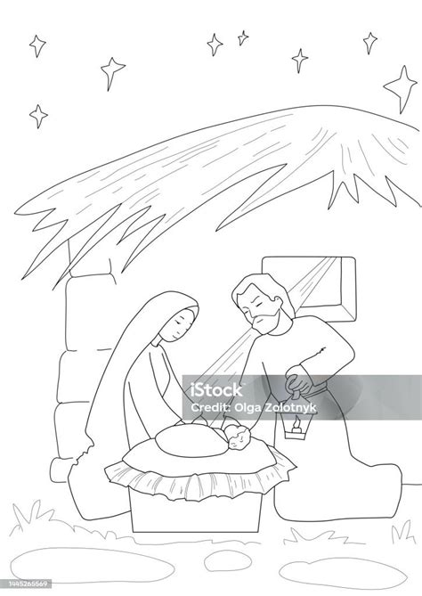 Illustrazione stilizzata di un presepe natalizio con statuine di Maria, Giuseppe e Gesù Bambino.