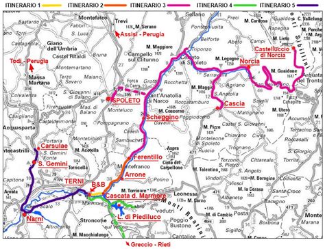 Mappa del percorso che collega la Valle Spoletana alla Valnerina passando per borghi storici e aree naturalistiche
