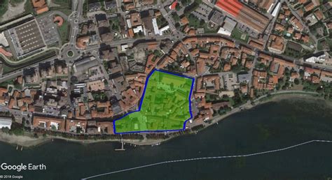 Mappa storica dell'area di Sesto Calende con indicazione della posizione dell'Abbazia di San Donato e del vecchio porto fluviale.