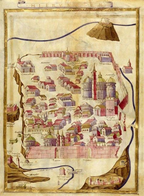 Mappa antica di Gerusalemme con elementi che simboleggiano rinascita e splendore