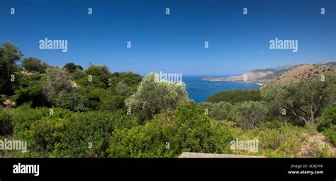 Veduta panoramica della costa di Skala con la sua caratteristica vegetazione mediterranea
