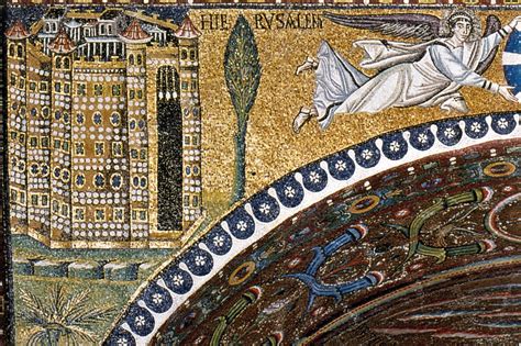 Rappresentazione artistica della Gerusalemme celeste che scende dal cielo, luminosa e ornata