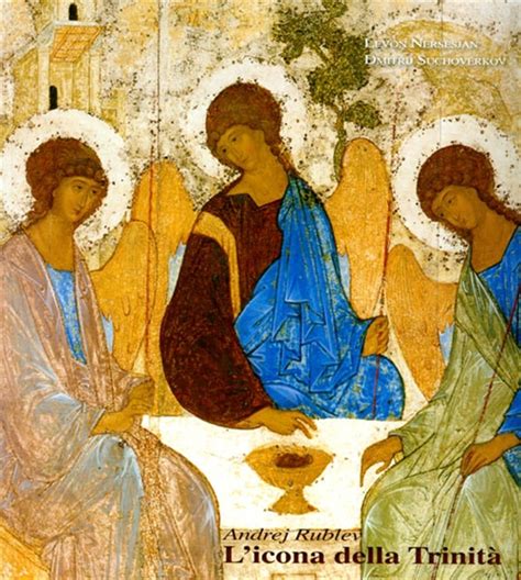 Analisi iconografica dell'icona della Trinità di Rublev con indicazione dei simboli (casa, albero, monte).