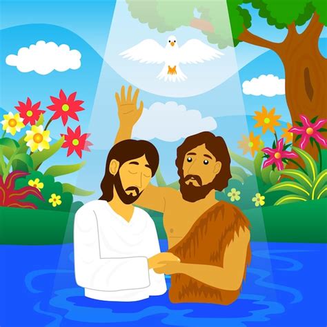 Illustrazione di Gesù che viene battezzato da Giovanni Battista nel fiume Giordano, con la colomba dello Spirito Santo che discende dall'alto.