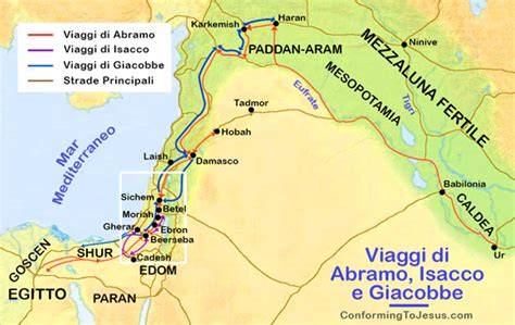 mappa che evidenzia i percorsi dei pellegrinaggi biblici, come quelli di Abramo e l'Esodo