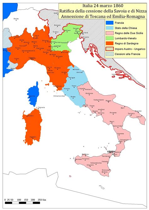 Mappa storica dell'Italia nel 1860 che evidenzia la direttrice dell'esercito piemontese verso le Marche e l'Umbria