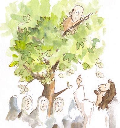 Illustrazione del Vangelo di Zaccheo che scende dall'albero per incontrare Gesù