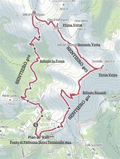 Mappa schematica del sentiero ad anello con indicazione dei punti di interesse e dei dislivelli