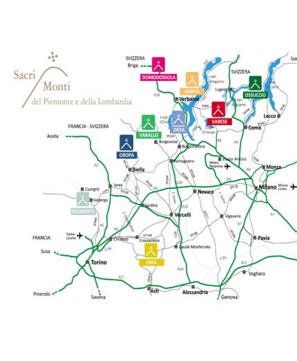 Mappa schematica dei Nove Sacri Monti in Piemonte e Lombardia