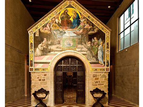 Illustrazione storica di San Francesco d'Assisi nella chiesetta della Porziuncola durante la visione mistica del 1216.