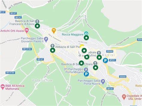 Mappa dell'Umbria che evidenzia Assisi e la Basilica di Santa Maria degli Angeli, sede della Porziuncola.